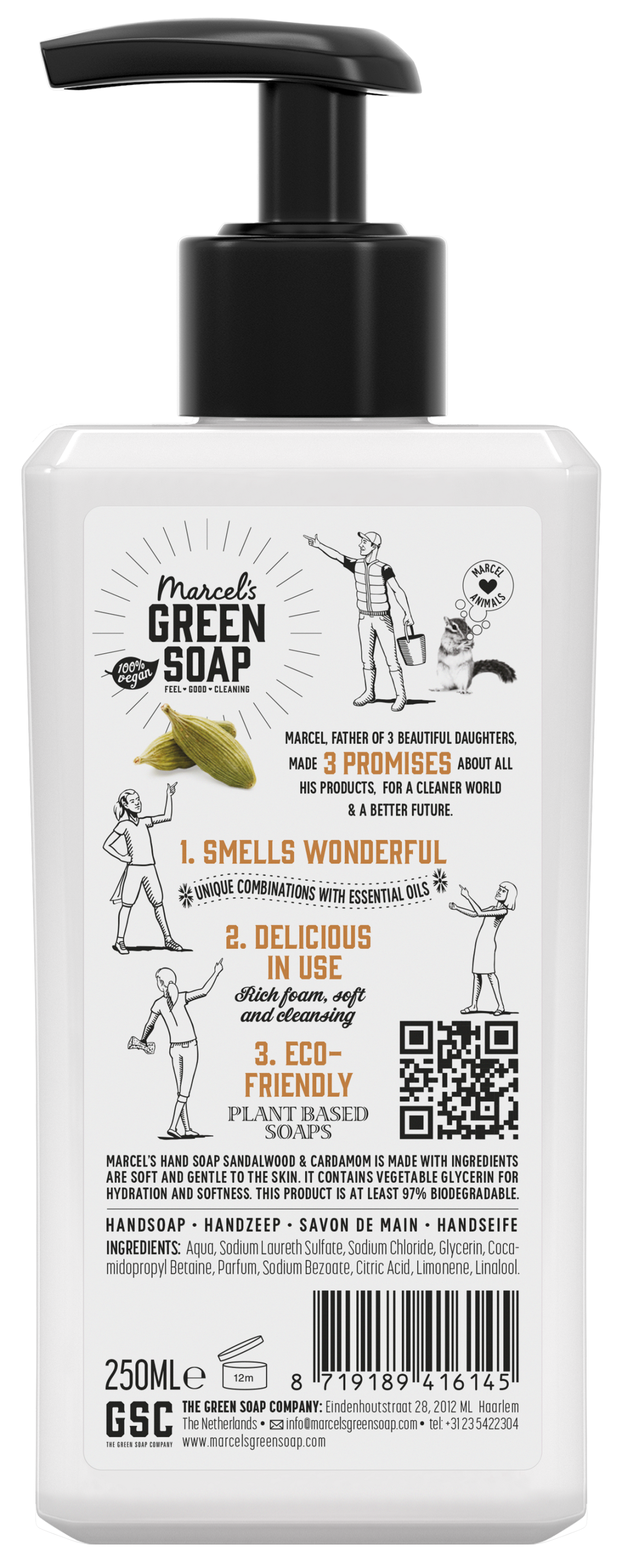 Marcel's Green Soap hand soap with sandalwood and cardamom, 250ml, showing the soap bottle with natural ingredients.