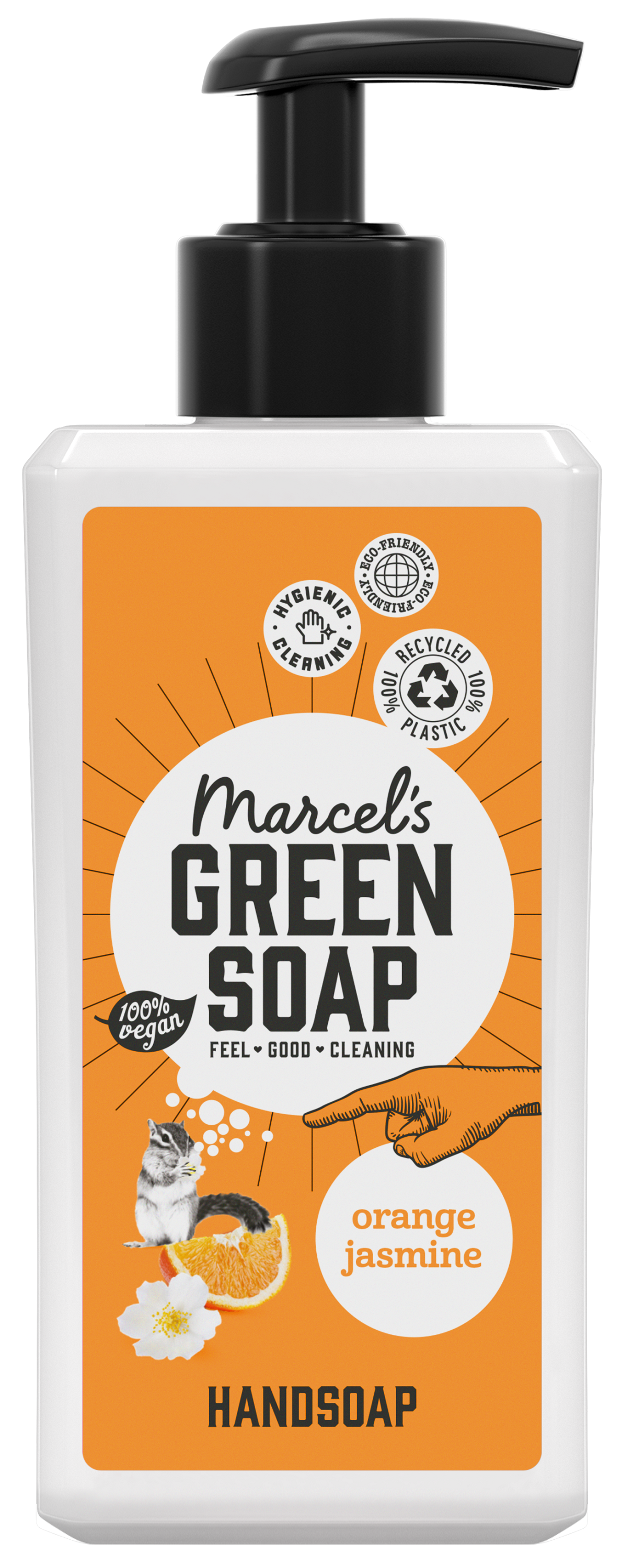 Marcel's Green Soap orange and jasmine hand soap bottle, 250ml, with a green and white label, designed for hand care.