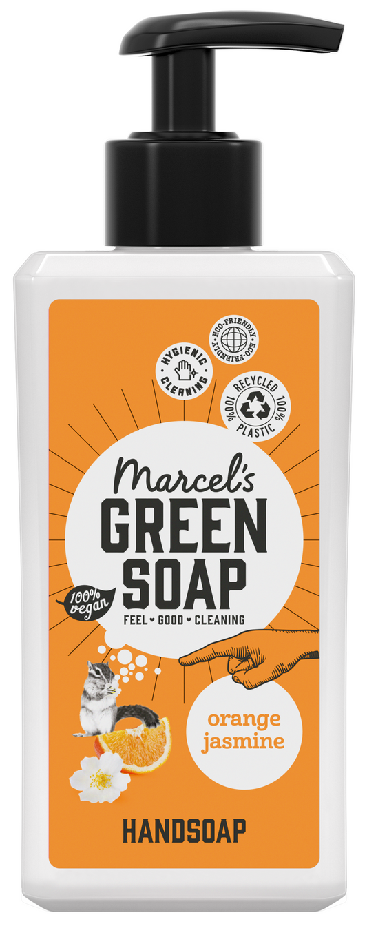 Marcel's Green Soap orange and jasmine hand soap bottle, 250ml, with a green and white label, designed for hand care.