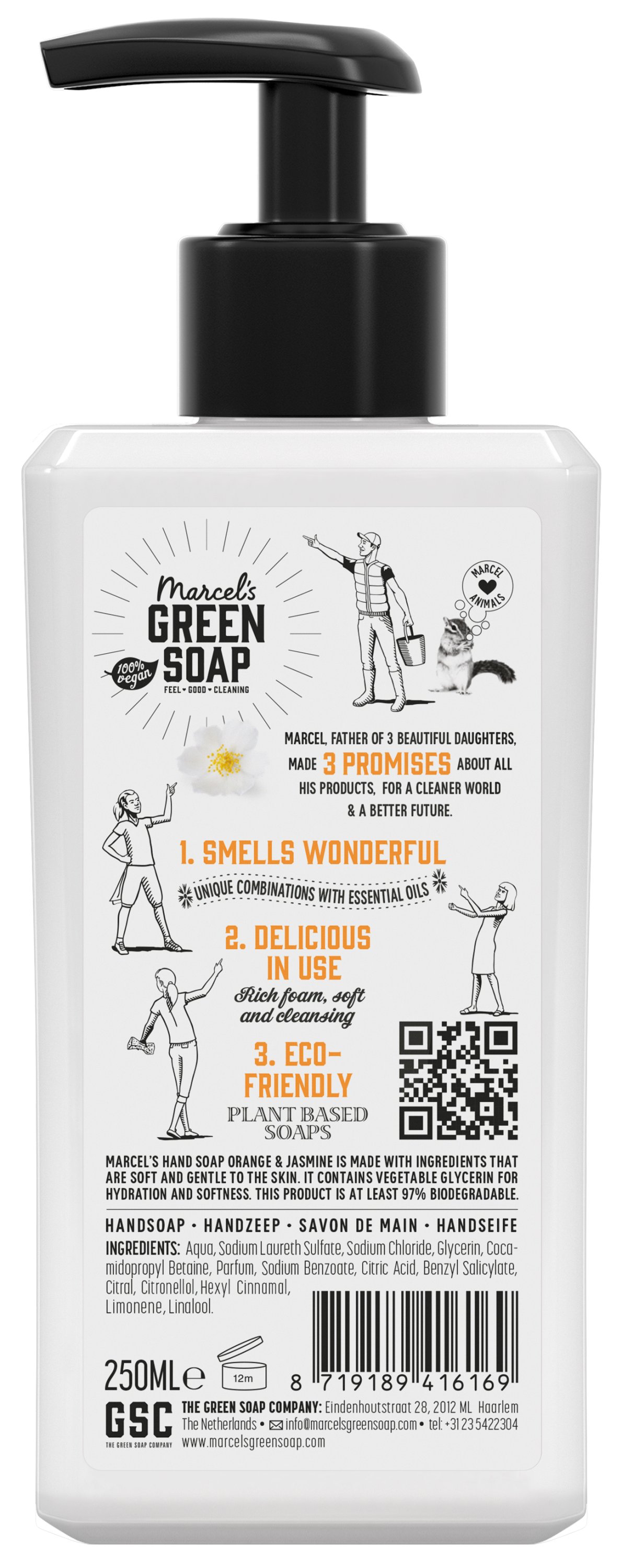 Marcel's Green Soap orange and jasmine hand soap in 250ml bottle, featuring a natural handcare product with orange and jasmine scents.