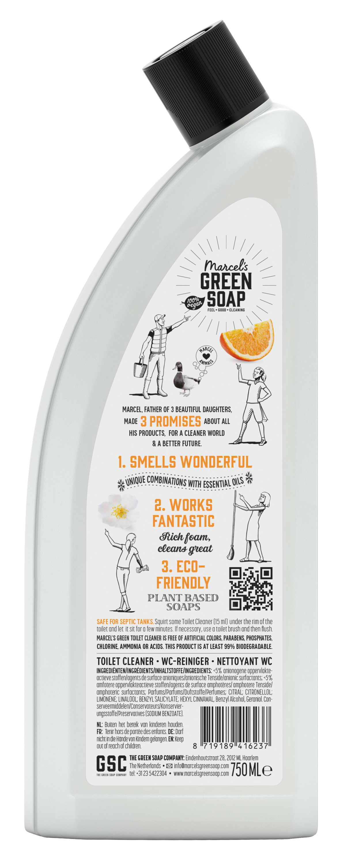 Marcel's Green Soap toiletreiniger sinaasappel en jasmijn, 750ml, groene fles met citrus- en bloemengeur, schoonmaakmiddel voor toiletten