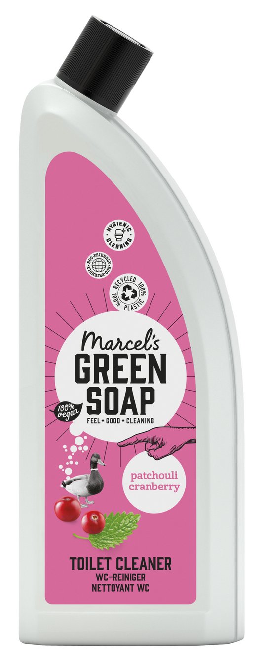 Marcel's Green Soap Toiletreiniger in 750ml bottle, patchouli and cranberry scent, eco-friendly cleaning product for bathrooms.