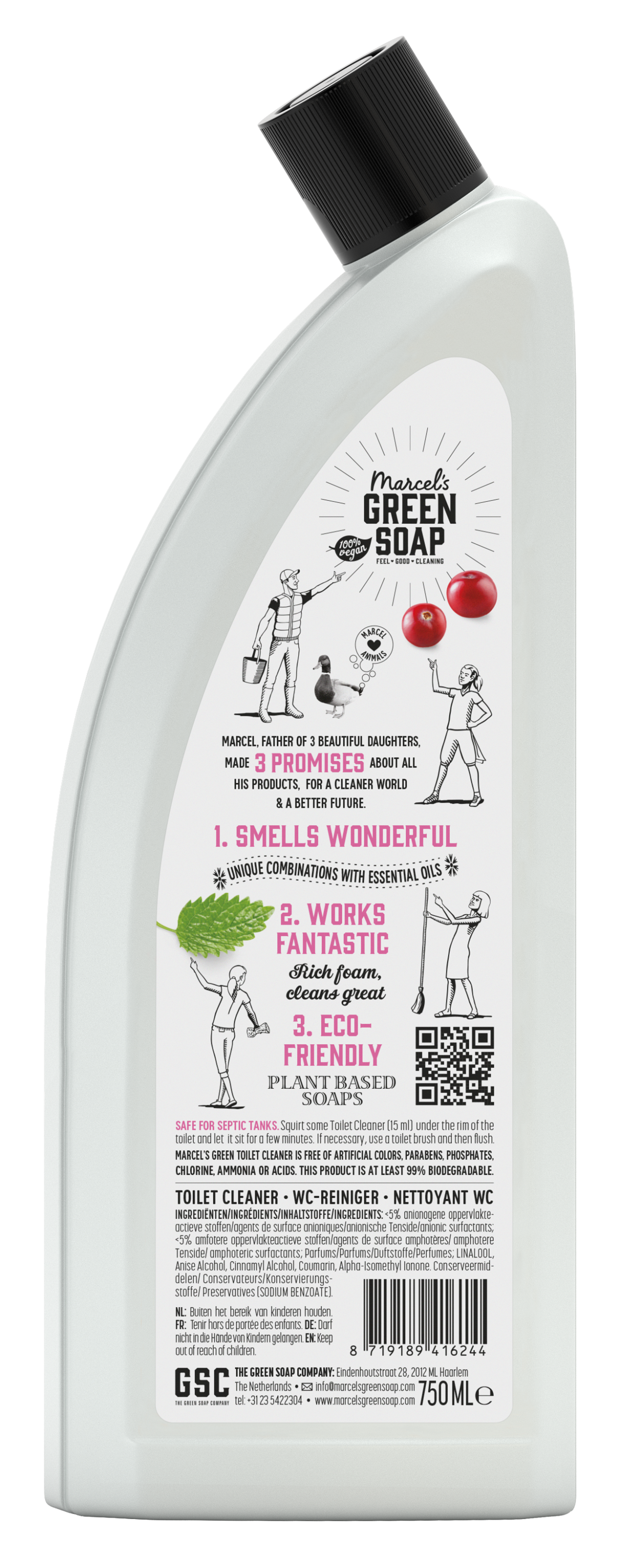 Marcel's Green Soap Toiletreiniger patchouli and cranberry, 750ml, natural cleaning product for bathroom surfaces.
