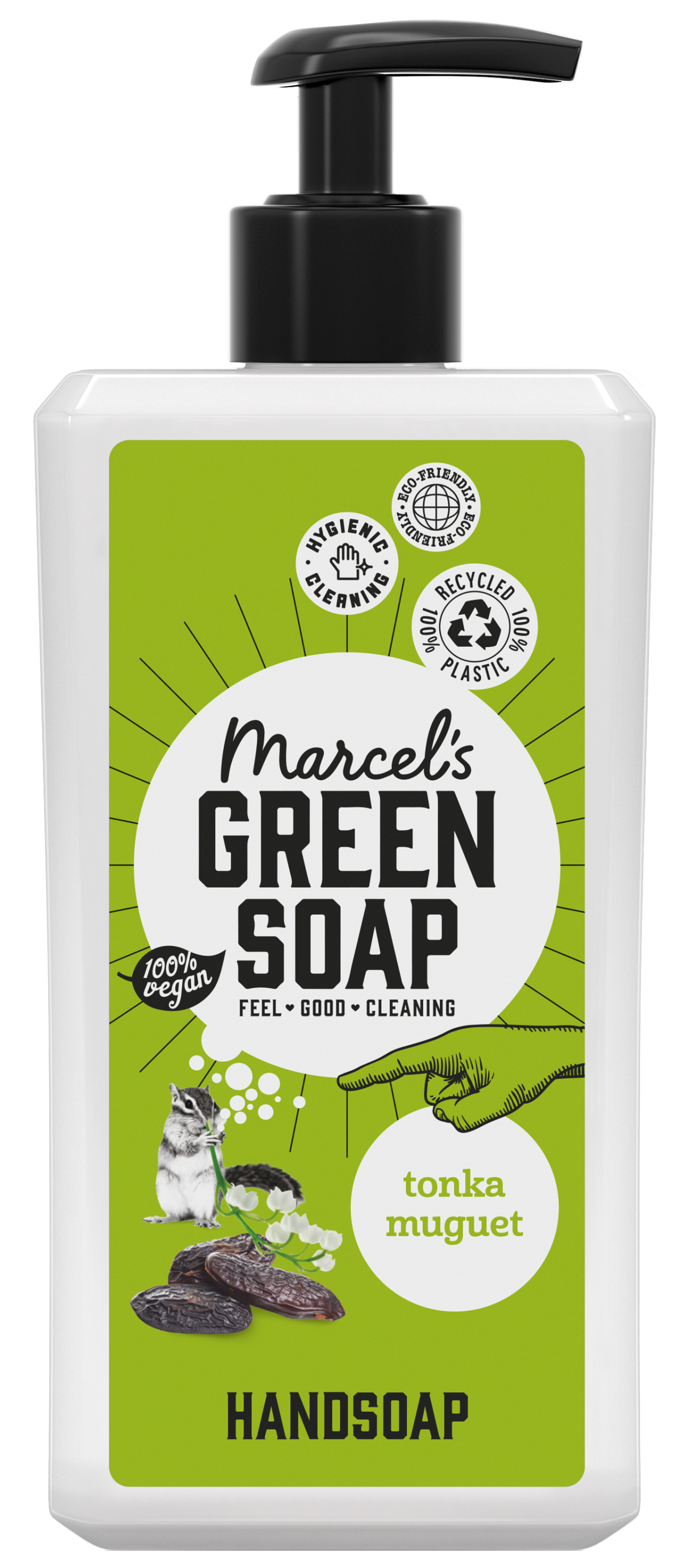 Marcel's Green Soap Tonka & Muguet hand soap bottle, 500ml, natural hand care product with green packaging and floral design