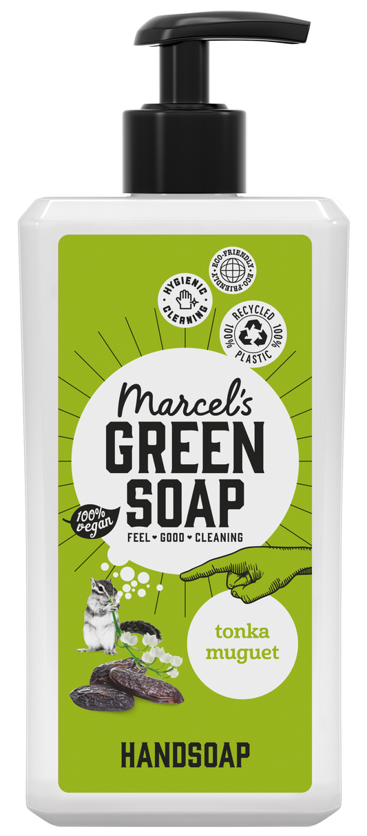 Marcel's Green Soap Tonka & Muguet hand soap bottle, 500ml, natural hand care product with green packaging and floral design