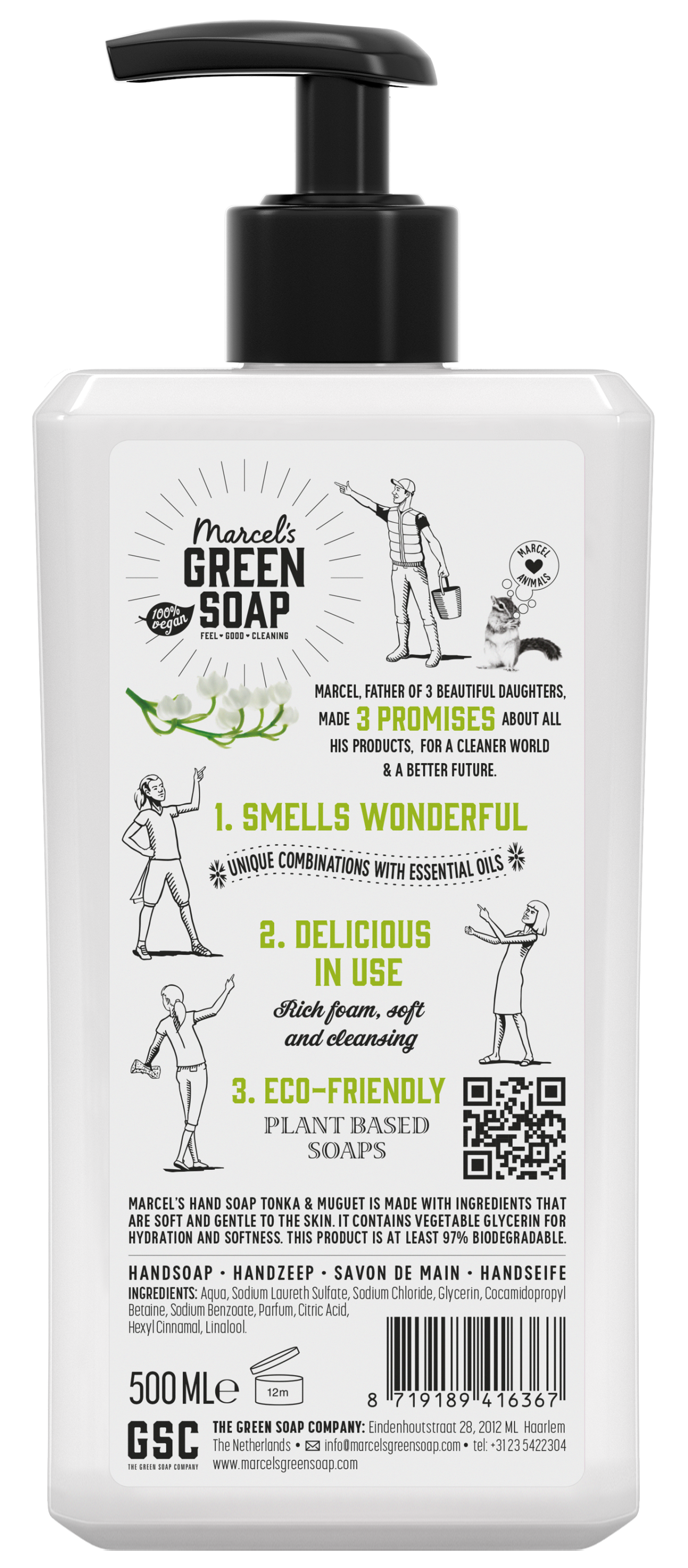 Marcel's Green Soap hand soap with tonka and muguet scent in a 500ml bottle, featuring a green and white design.