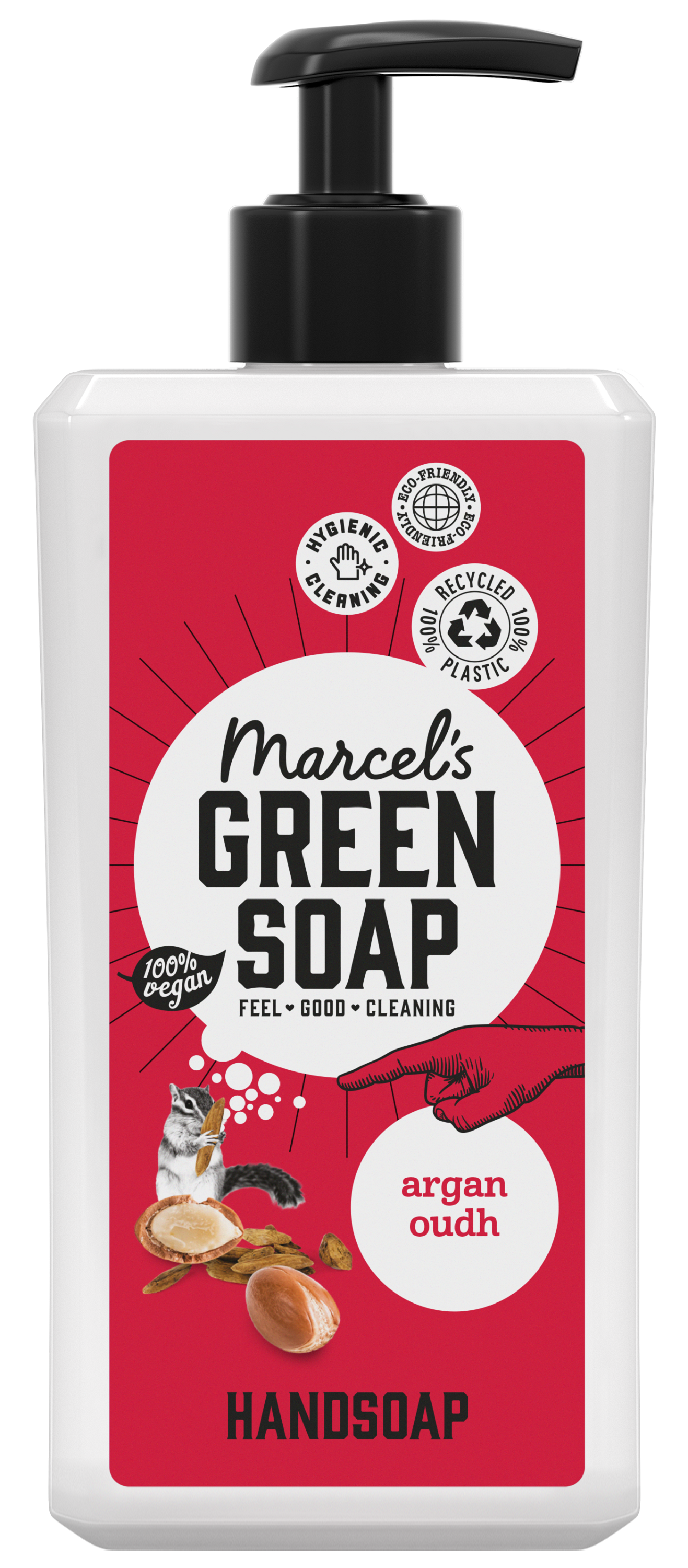 Marcel's Green Soap Argan & Oudh hand soap in 500ml bottle, moisturizing handverzorging with natural ingredients.