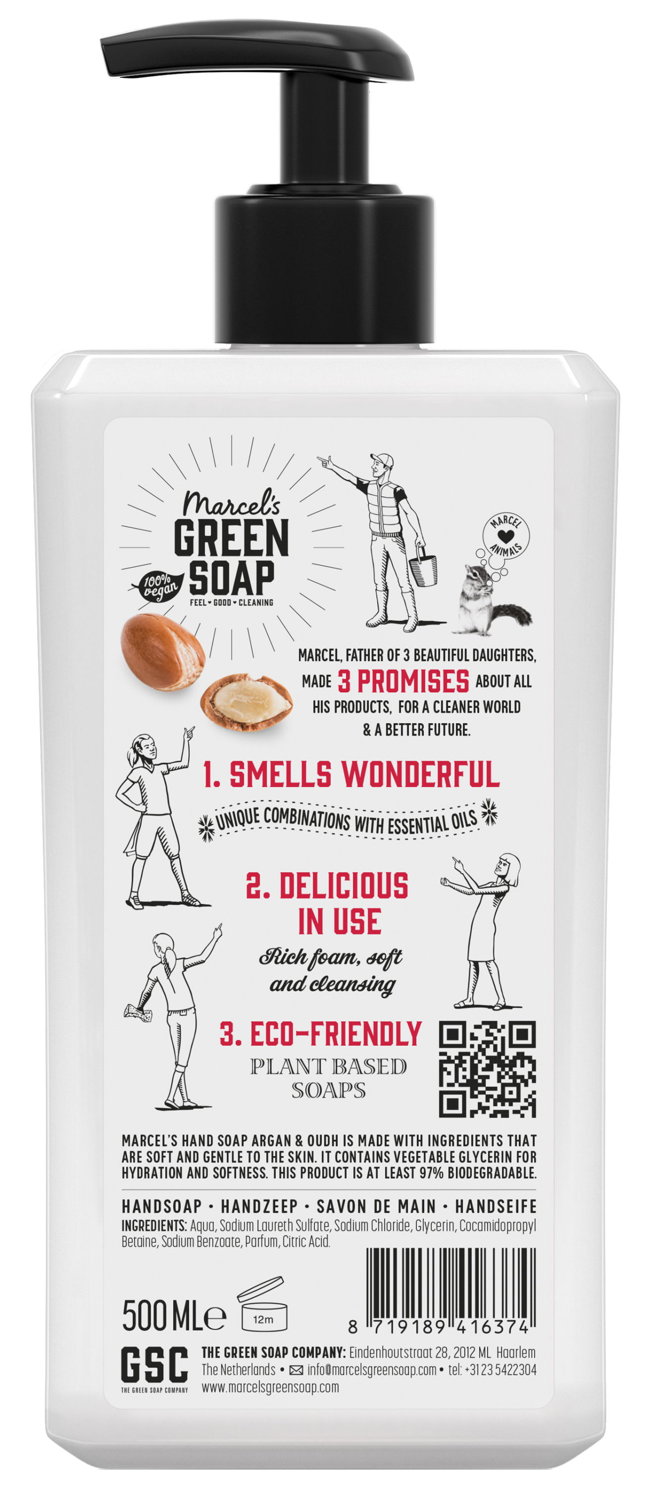 Marcel's Green Soap Argan & Oudh hand soap in 500ml bottle, moisturizing hand care product with natural ingredients.