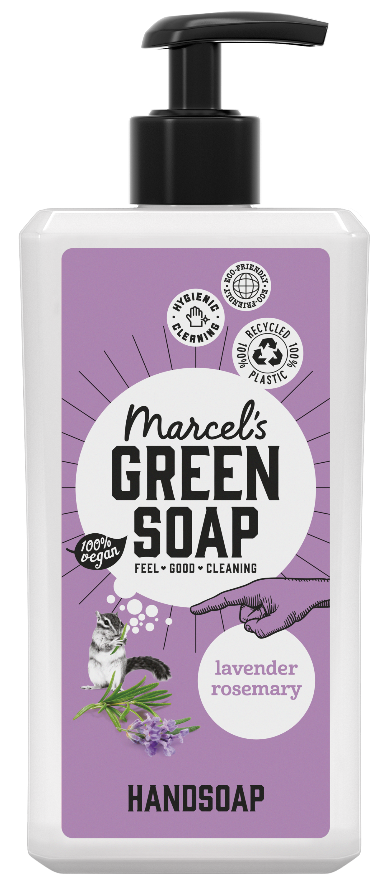 Marcel's Green Soap lavender and rosemary hand soap in a 500ml pump bottle, emphasizing natural hand care.