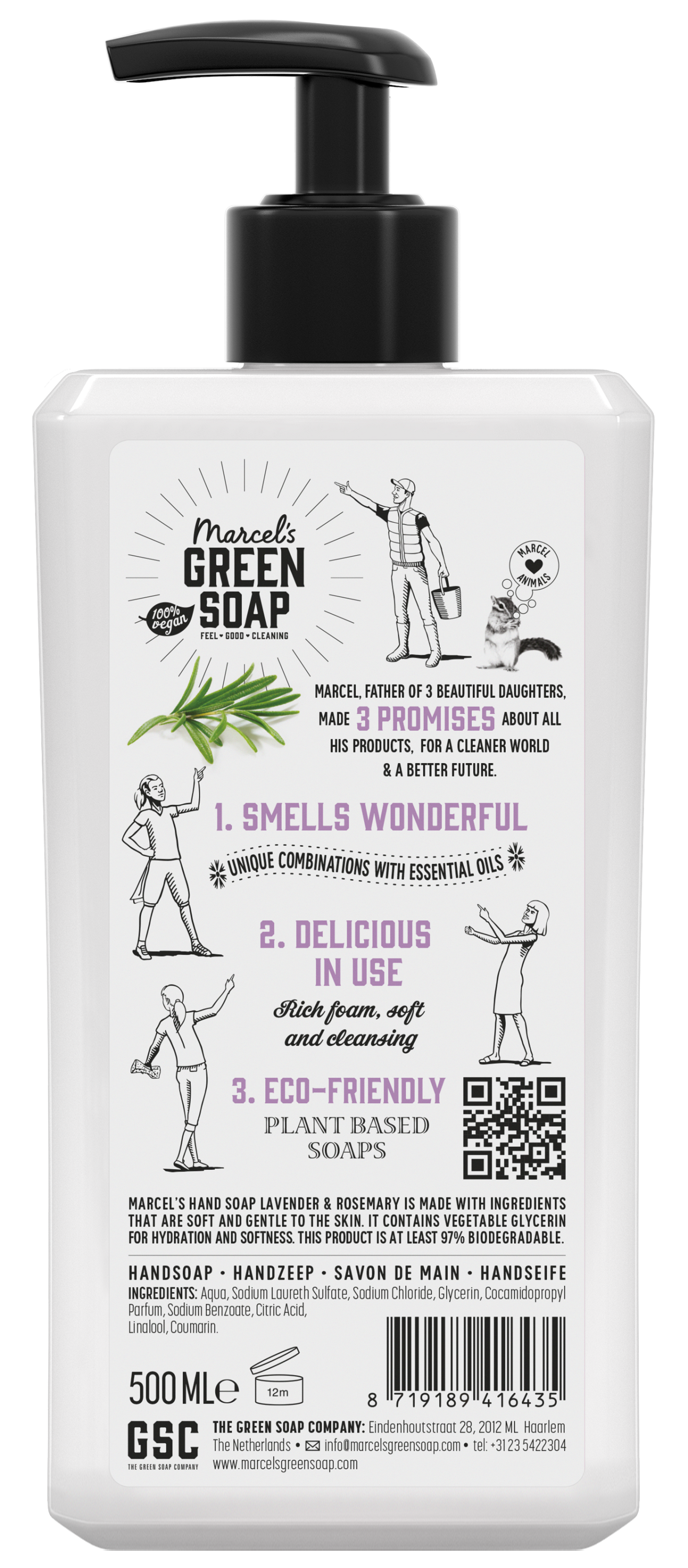 Marcel's Green Soap lavender and rosemary hand wash in a 500ml bottle, featuring natural ingredients for gentle hand care.