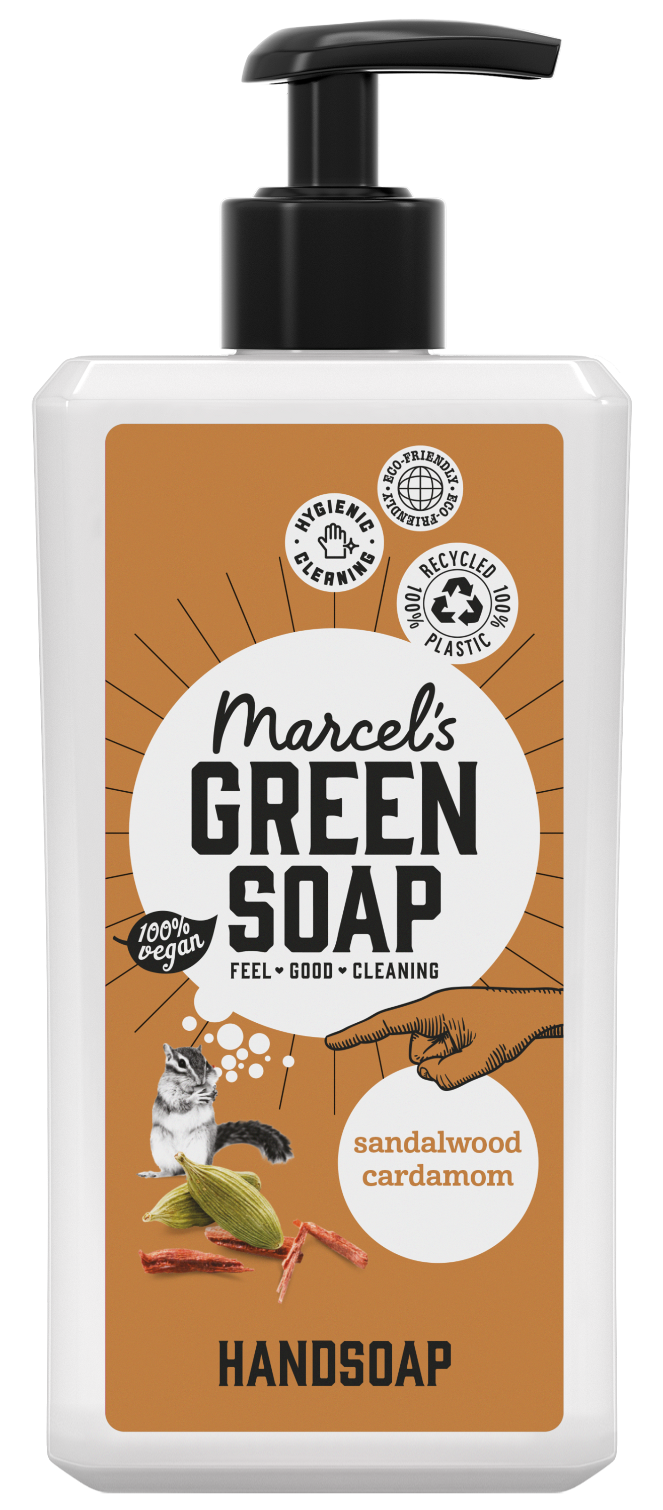 Marcel's Green Soap sandalwood and cardamom hand soap in 500ml pump bottle, for hand care and cleansing.