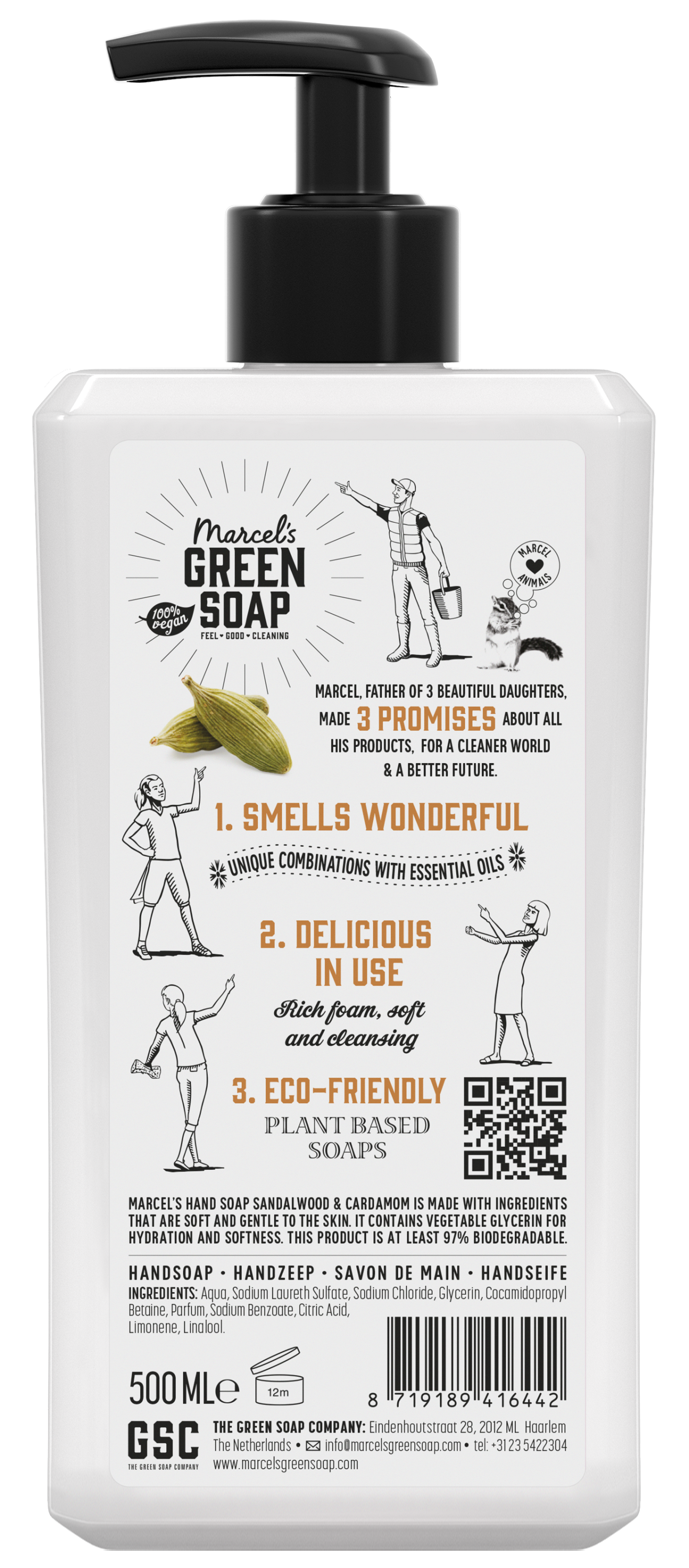 Marcel's Green Soap hand wash with sandalwood and cardamom in a 500ml bottle, featuring a pump dispenser and natural ingredients.