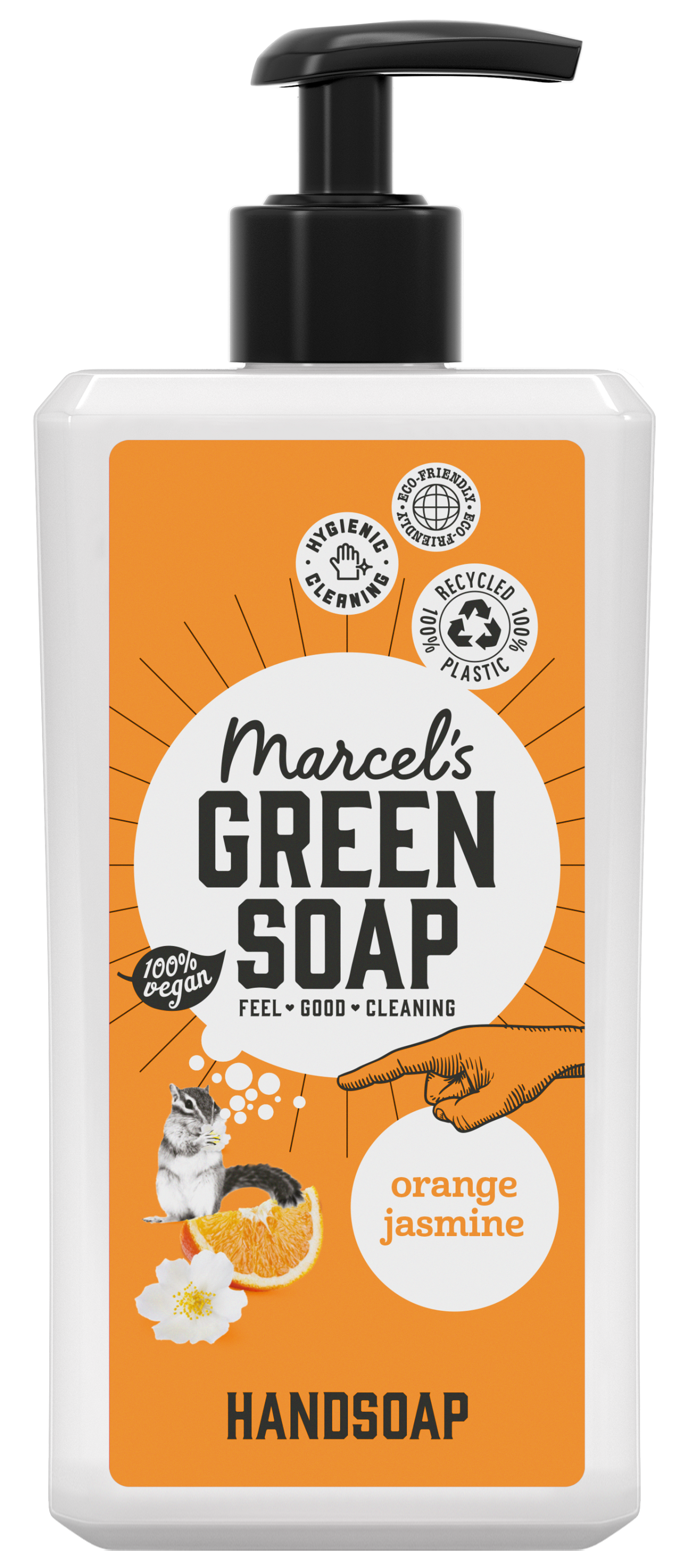 Marcel's Green Soap hand soap with orange and jasmine scent in a 500ml bottle, featuring a vibrant label and pump dispenser.