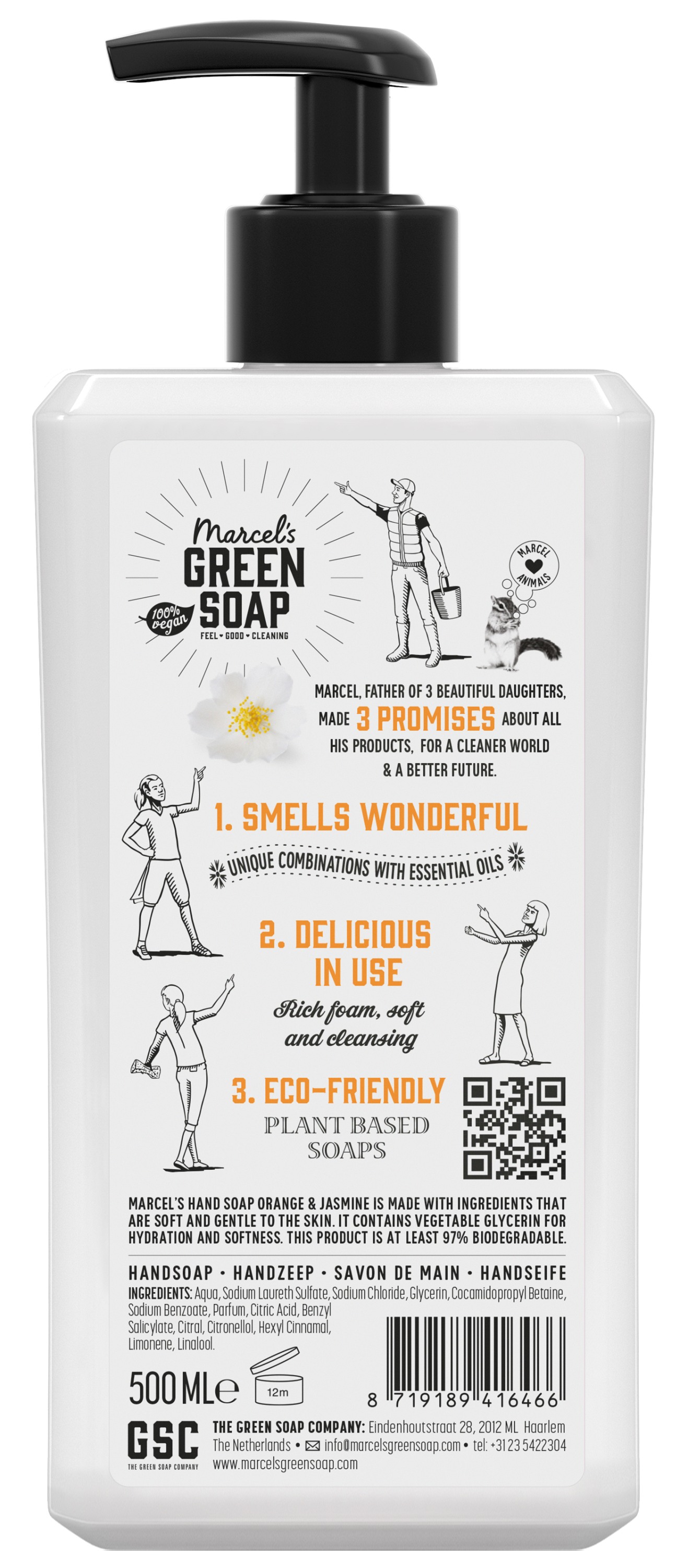 Marcel's Green Soap hand soap with orange and jasmine scent in a 500ml bottle, perfect for hand care and moisturizing.