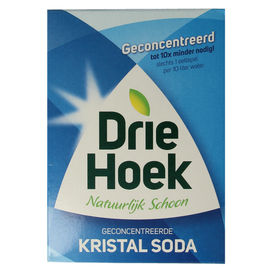 Driehoek Soda kristal, 600g, cleaning product with crystal-like appearance, in a clear container suitable for household cleaning.