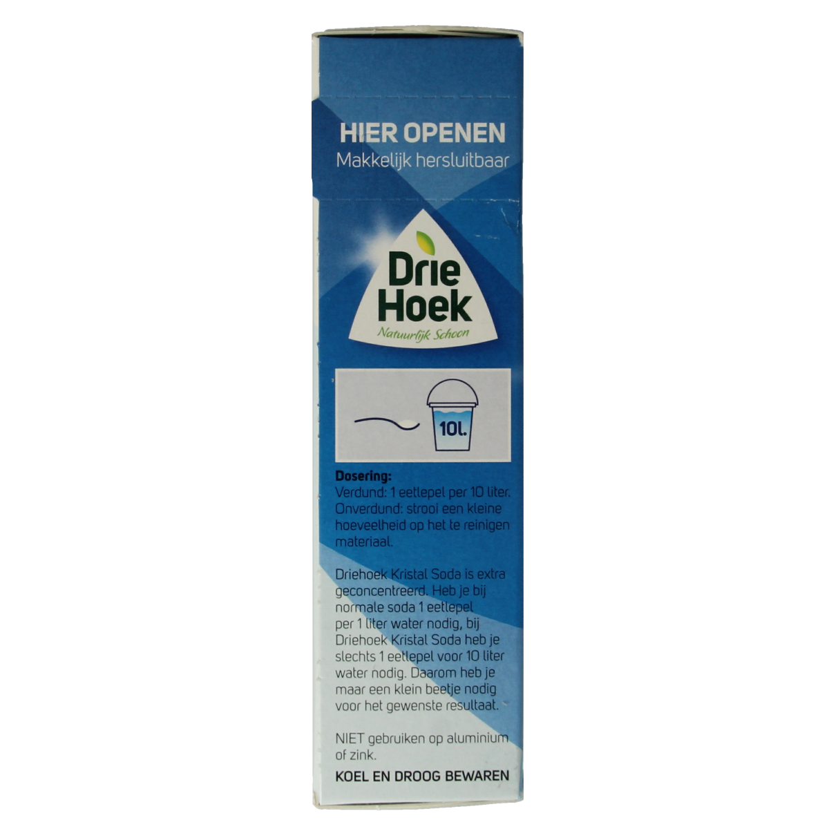 Driehoek Soda kristal 600g, cleaning product in a clear plastic bag, used for household cleaning and stain removal.