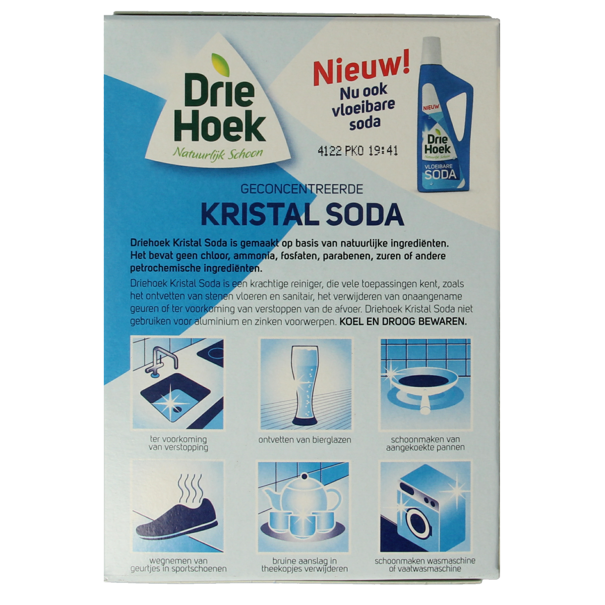 Driehoek Soda kristal, 600 grams, cleaning product with white crystalline appearance for household cleaning tasks