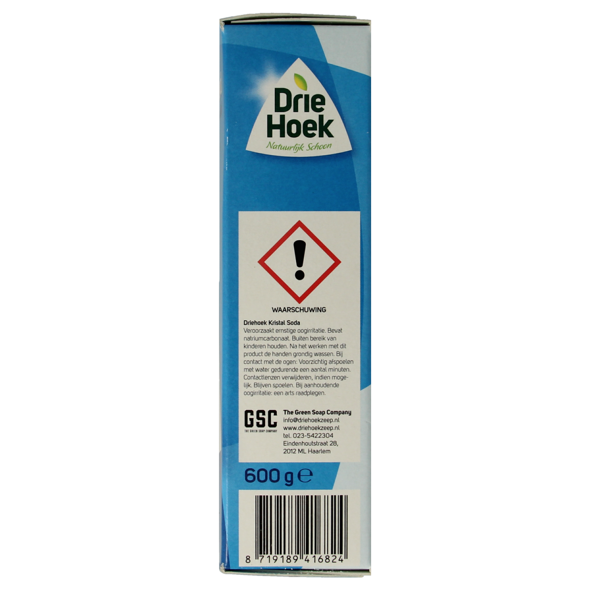 Driehoek Soda kristal, 600g, cleaning product with white crystalline powder in a clear container.