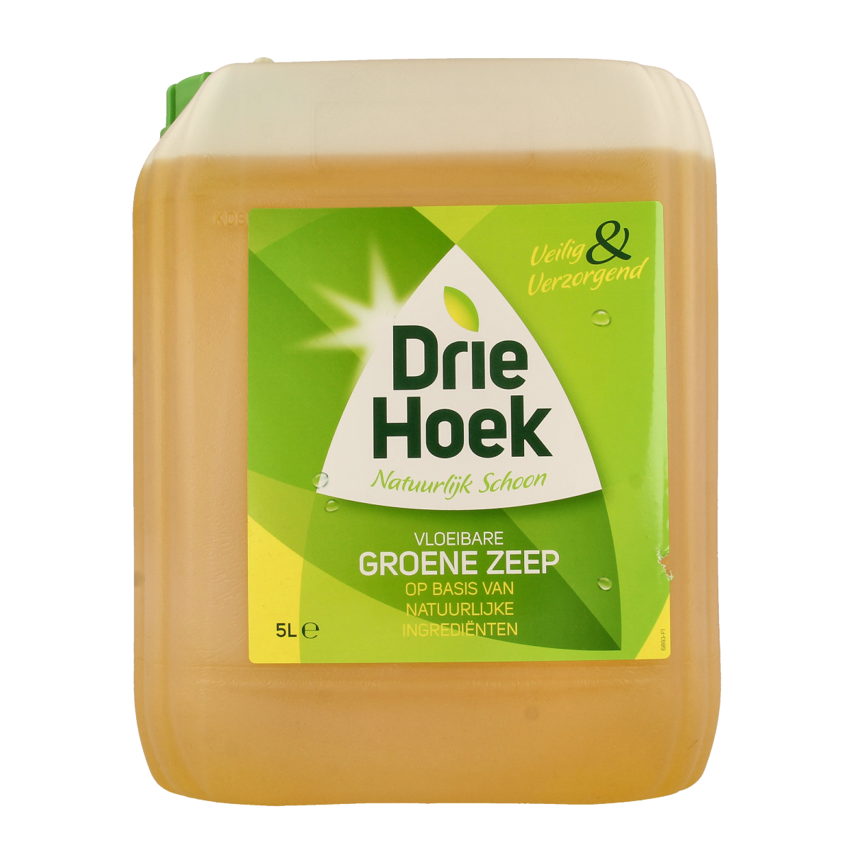 Driehoek vloeibare zeep in 5000 ml fles, schoonmaakartikel with a white pump dispenser and Driehoek branding.