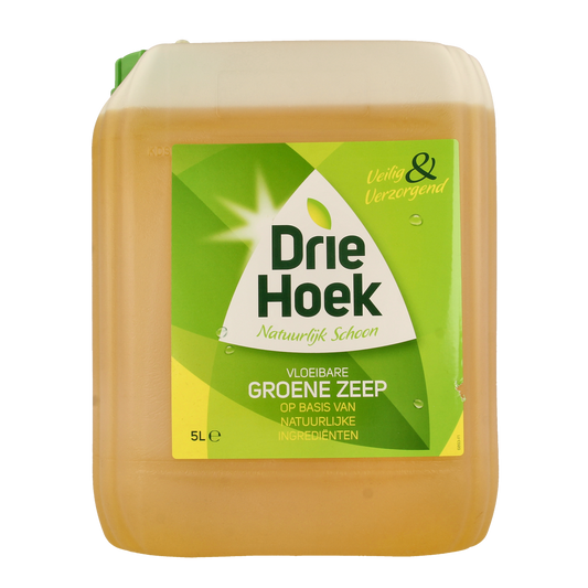 Driehoek vloeibare zeep in 5000 ml fles, schoonmaakartikel with a white pump dispenser and Driehoek branding.