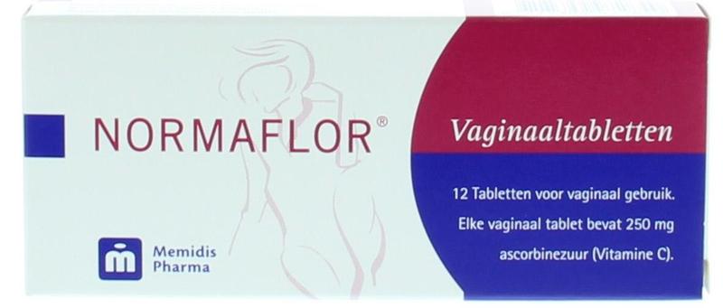 Normaflor Vaginale tabletten for women's hygiene, showing a box of 12 tablets with packaging details.