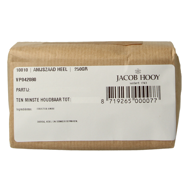 Jacob Hooy Anijszaad heel in 250g package, aromatic fennel seeds for cooking and herbal remedies.