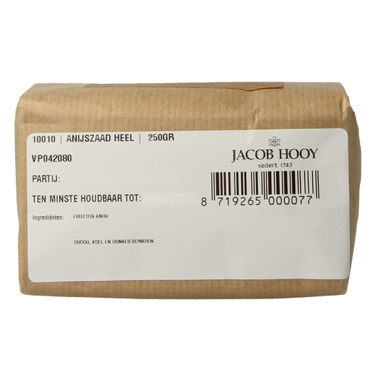 Jacob Hooy Anijszaad heel in 250g package, aromatic fennel seeds for cooking and herbal remedies.