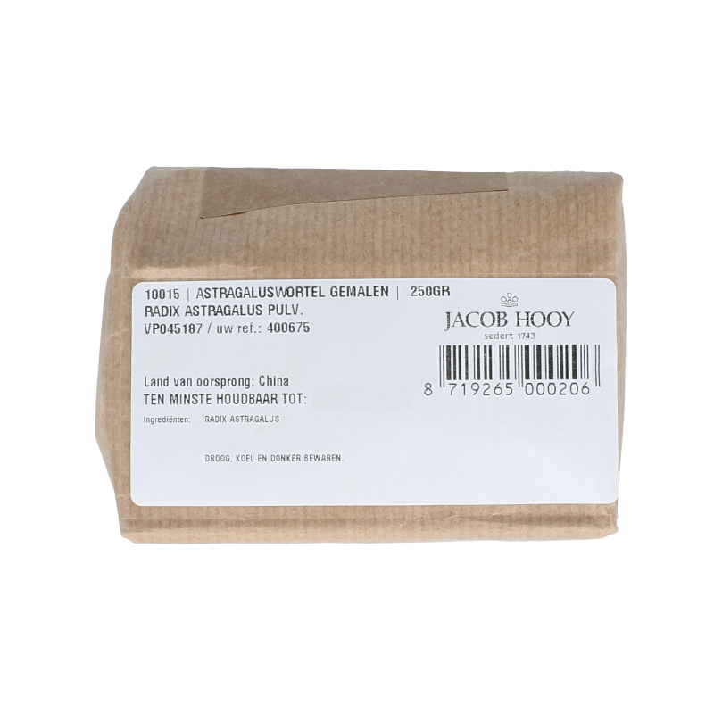 Ground Astragalus root from Jacob Hooy in a 250g package, used as herbal spice or supplement in cooking and traditional remedies.