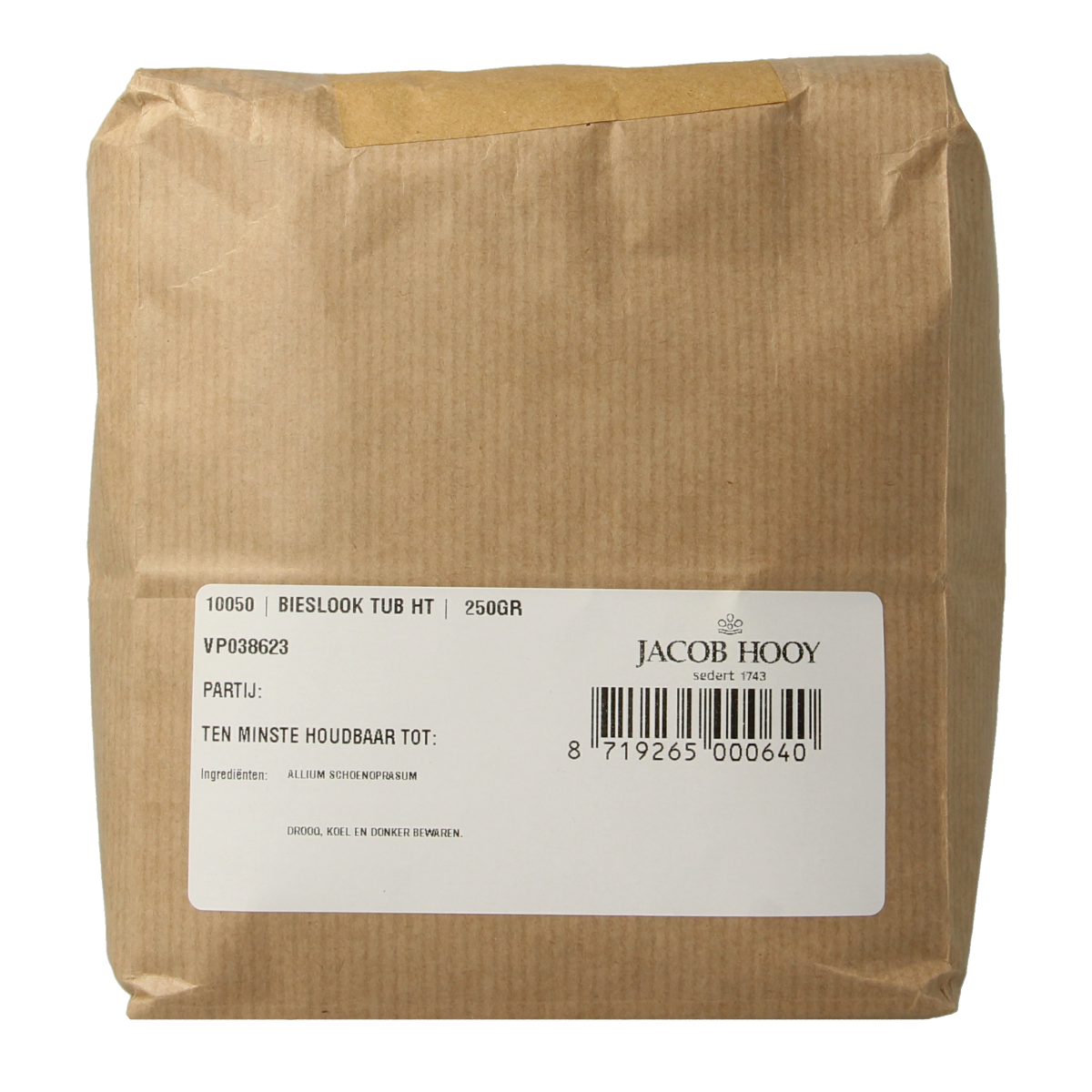 Fresh Jacob Hooy Bieslook (chives) in 250g package, herbal seasoning for cooking, from Jacob Hooy kruiden, zouten en maaltijdmixen line.