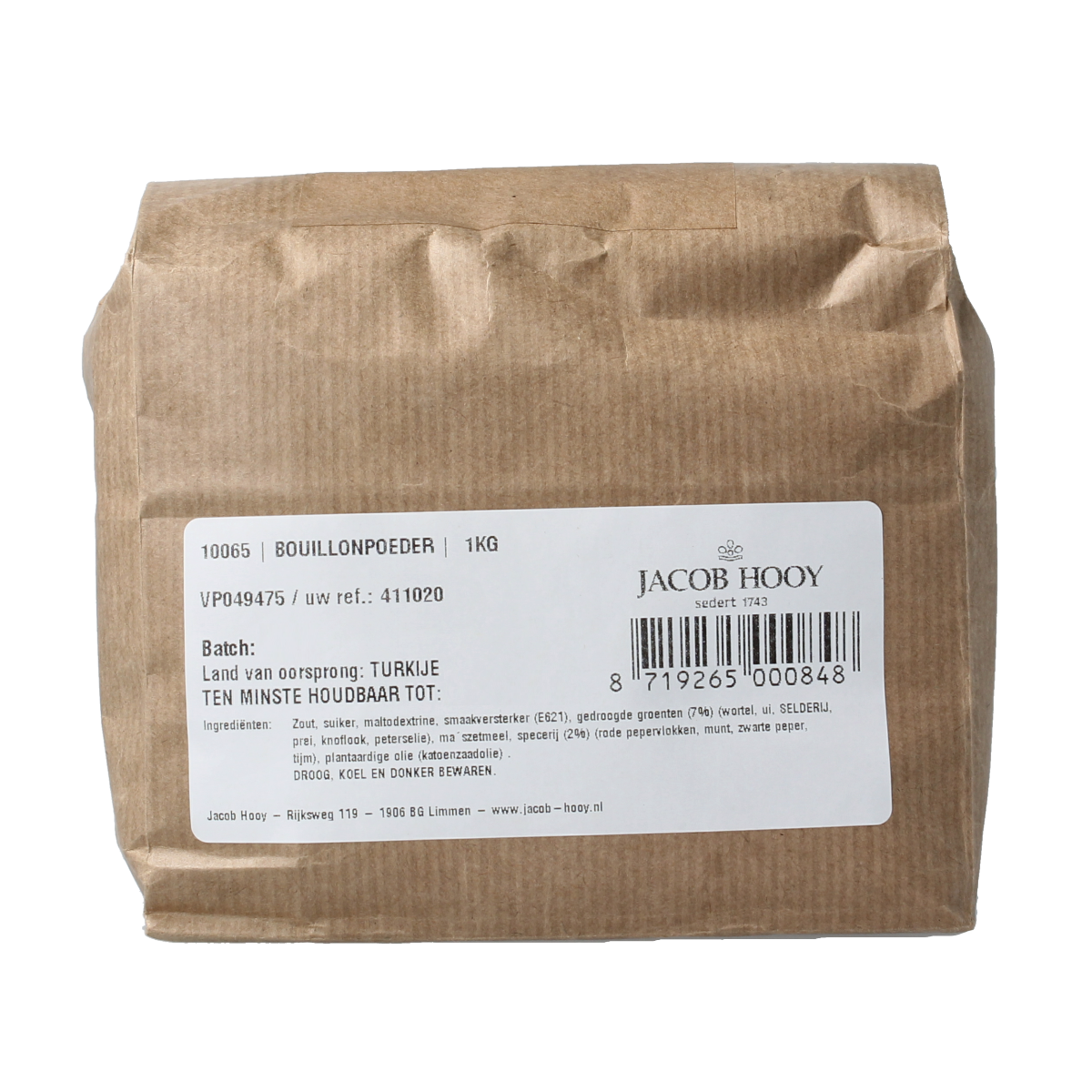 Jacob Hooy Bouillon poeder in 1kg, a herbal seasoning mix for enriching soups and meals, shown in a clear image.
