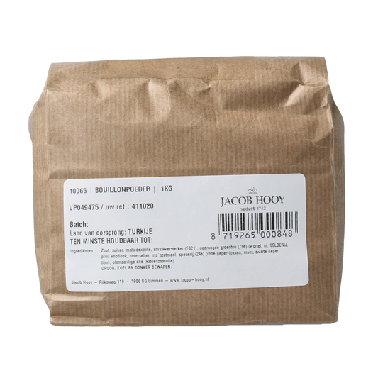Jacob Hooy Bouillon poeder in 1kg, a herbal seasoning mix for enriching soups and meals, shown in a clear image.