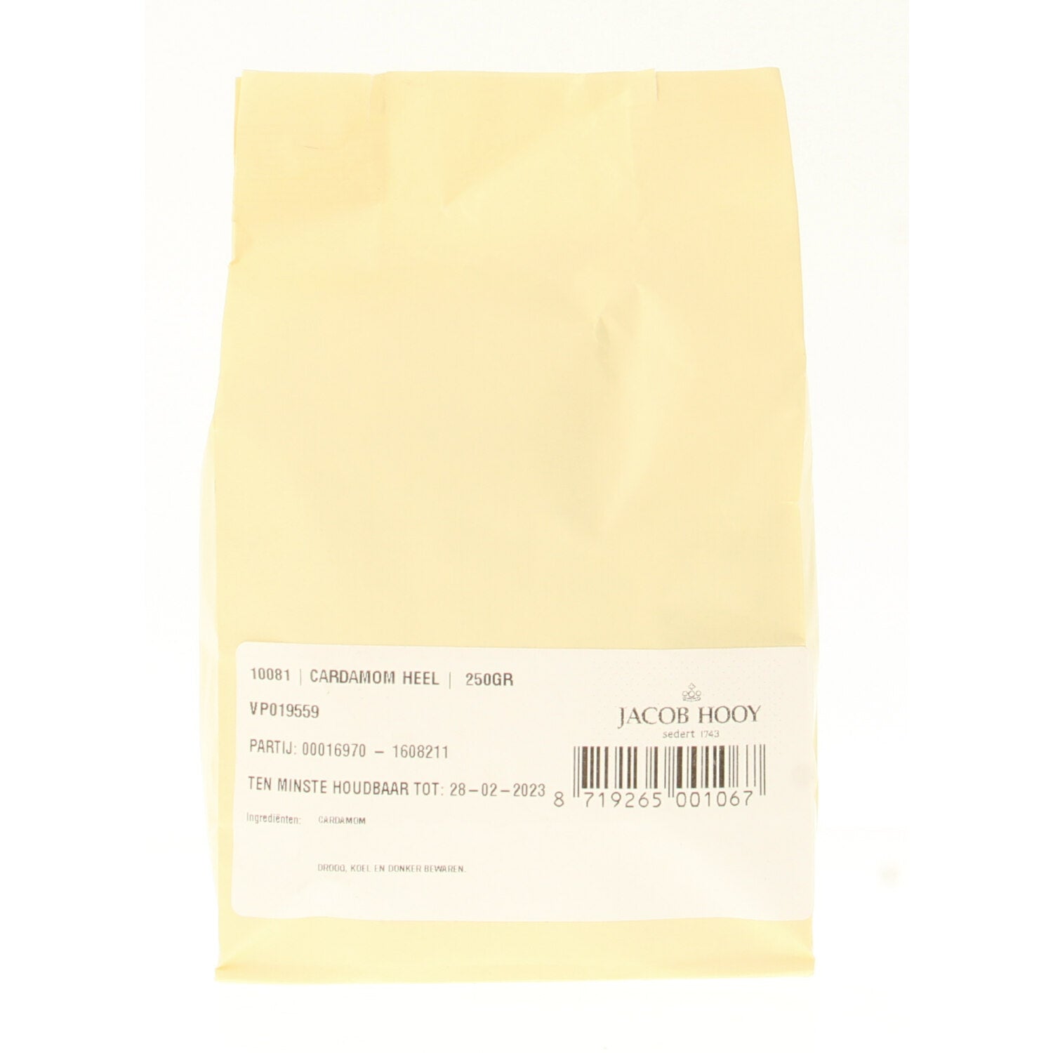 Jacob Hooy cardamom seeds in a 250g package, used as herbs and spices in cooking, shown in a clear close-up image.