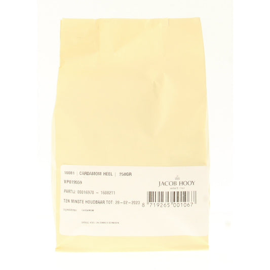 Jacob Hooy cardamom seeds in a 250g package, used as herbs and spices in cooking, shown in a clear close-up image.