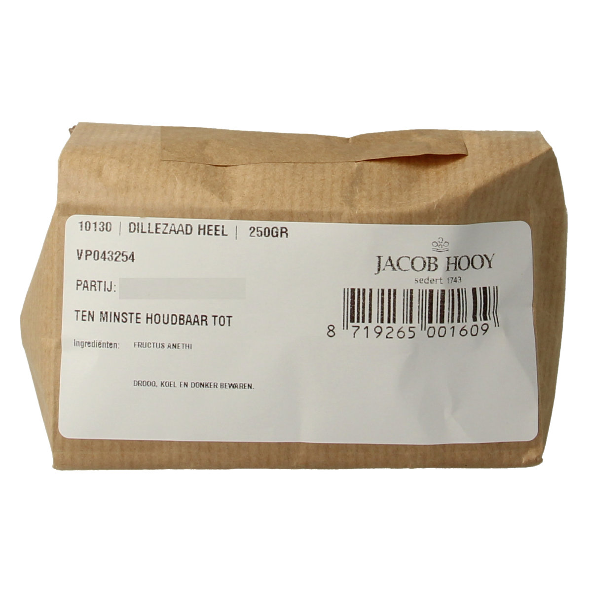 Jacob Hooy Dillezaad, 250g, fresh dried dill seed in a clear jar, part of herbs, salts, and meal mixes collection.