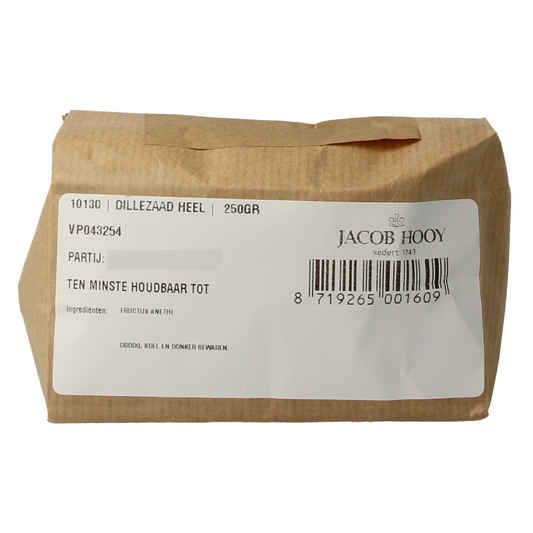 Jacob Hooy Dillezaad, 250g, fresh dried dill seed in a clear jar, part of herbs, salts, and meal mixes collection.