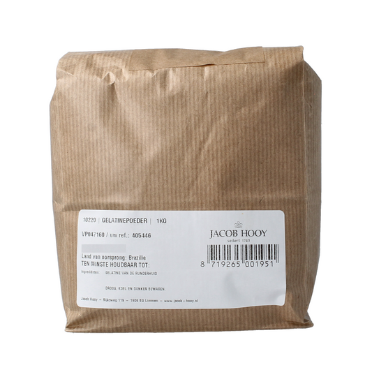 Jacob Hooy gelatine powder in a 1kg package, used as a sauce and flavoring ingredient, shown in its packaging.
