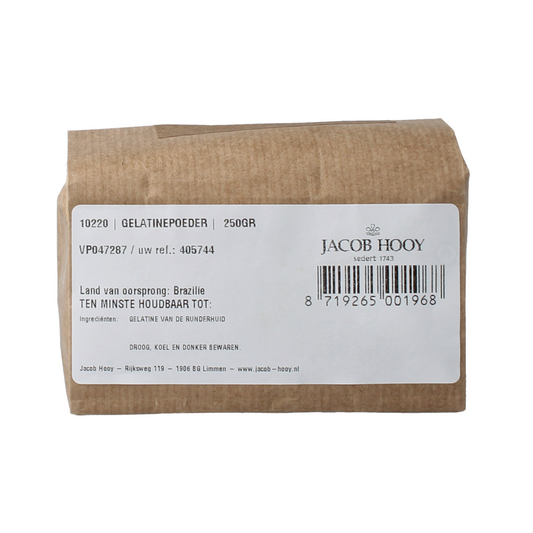 Jacob Hooy gelatin powder in a bag, used as a thickening agent and flavor enhancer in sauces and culinary recipes.