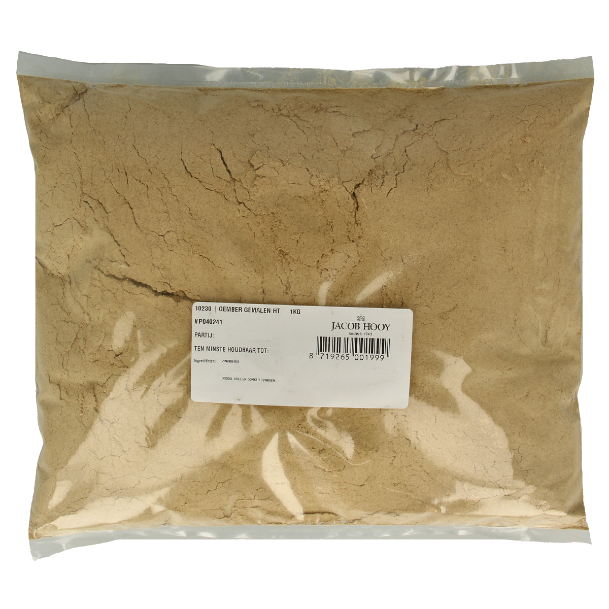 Ground ginger from Jacob Hooy, 1 kg, in a clear container, part of kruiden, zouten en maaltijdmixen product range.