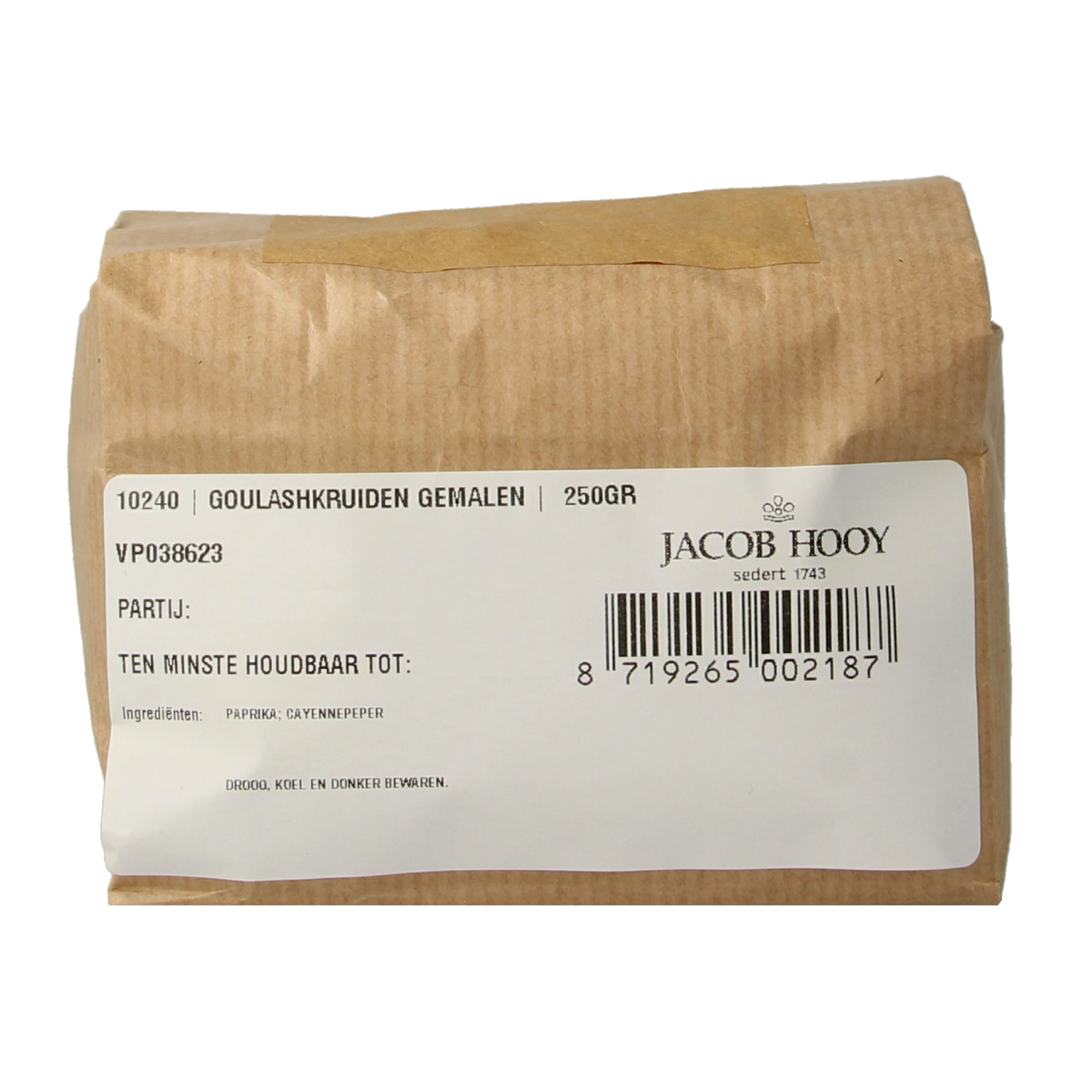Jar of Jacob Hooy Goulashkruiden spice mix with herbs and salt, 250 grams, for flavorful Hungarian goulash cooking