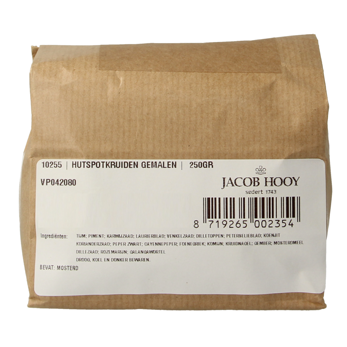 Ground Jacob Hooy hutspot herbs in a 250g jar, part of spice, salt, and meal mix collection, with fresh herbs and seasoning visible.