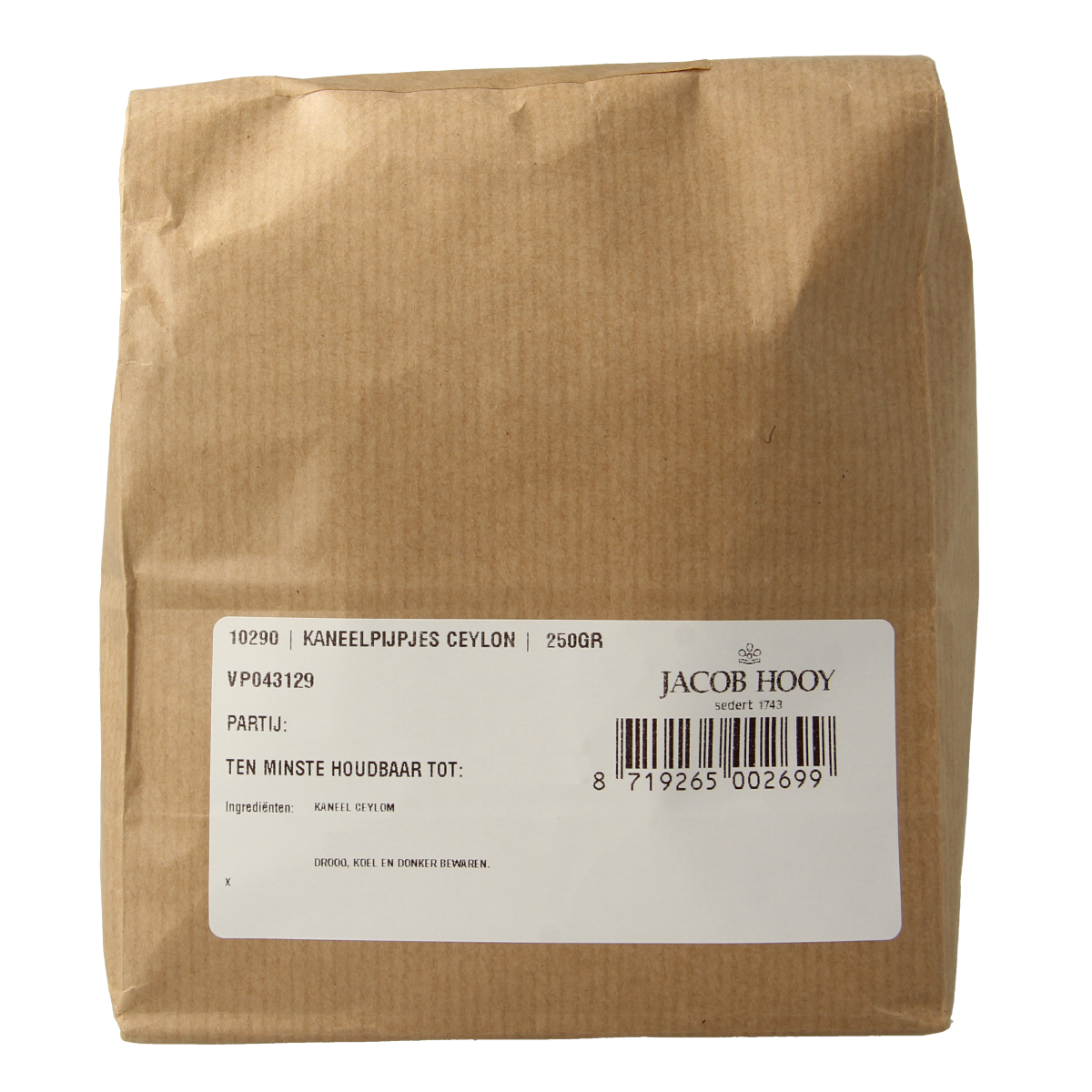 Jacob Hooy Ceylon cinnamon sticks in a 250g packet, herbal spice used for cooking and baking.