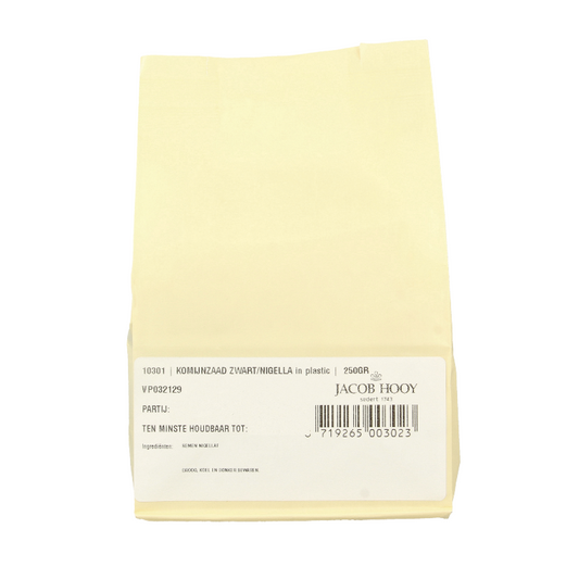 Jacob Hooy black cumin seeds in a 250g package, fresh and whole, ideal for cooking and seasoning in the kitchen.