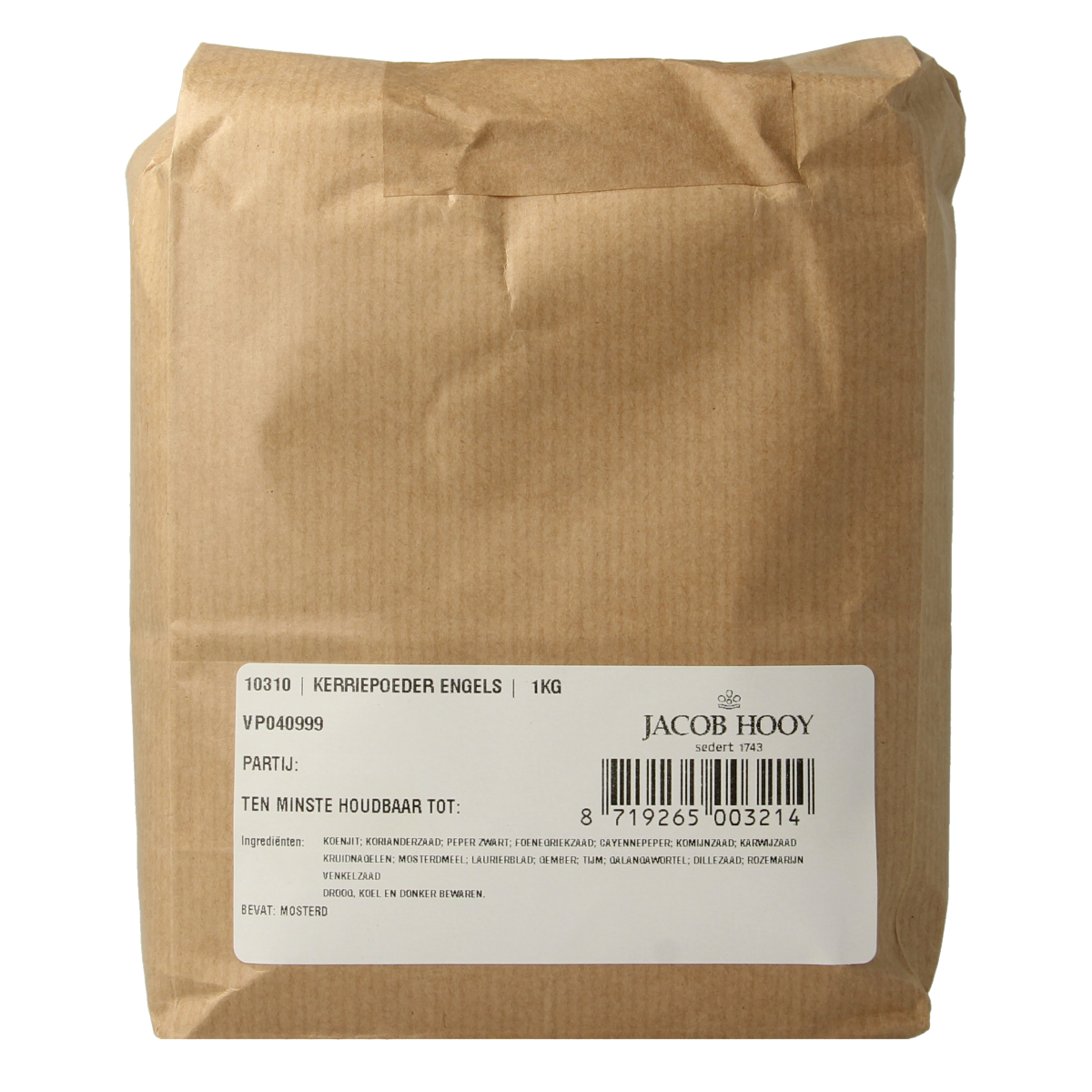 Jacob Hooy Kerriepoeder, aromatic curry spice mix in a 1kg package, part of kruiden, zouten en maaltijdmixen collection.