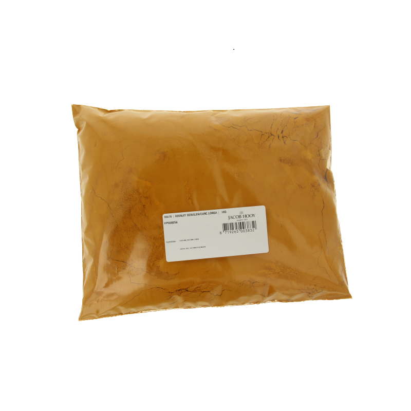 Jacob Hooy turmeric root powder in a 1kg bag, a natural spice used in cooking, with vibrant orange-yellow color and textured surface.