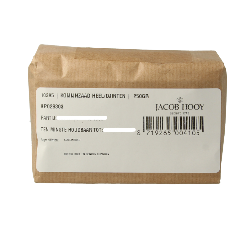Jacob Hooy cumin seeds in a 250g package, shown in a clear image with fresh, whole cumin seeds for cooking and seasoning.