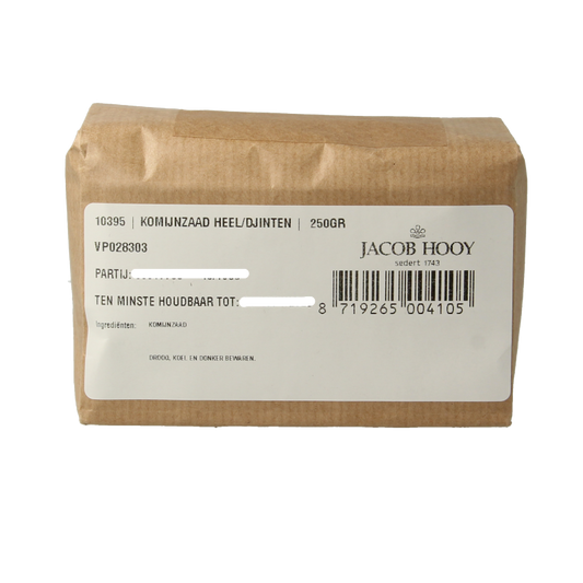 Jacob Hooy cumin seeds in a 250g package, shown in a clear image with fresh, whole cumin seeds for cooking and seasoning.