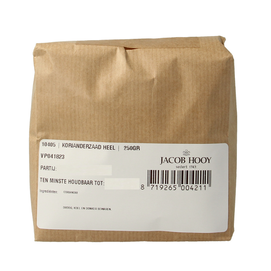 Jacob Hooy coriander seeds in a 250g package, used as herbs, spices, and meal mixes for cooking and flavoring.
