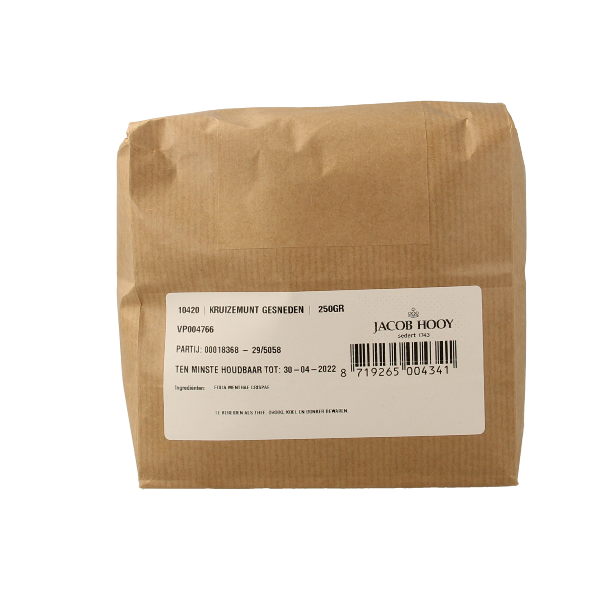 Sliced Jacob Hooy peppermint herb in 250g package, fresh green mint leaves for culinary use, from Kruiden, Zouten en Maaltijdmixen.