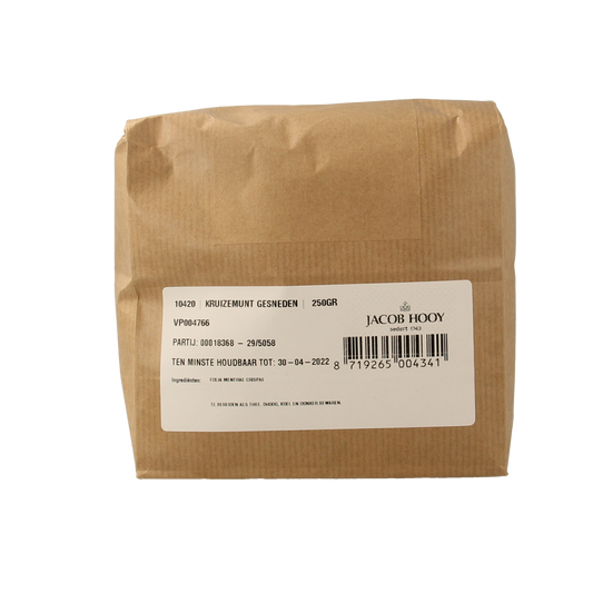 Sliced Jacob Hooy peppermint herb in 250g package, fresh green mint leaves for culinary use, from Kruiden, Zouten en Maaltijdmixen.