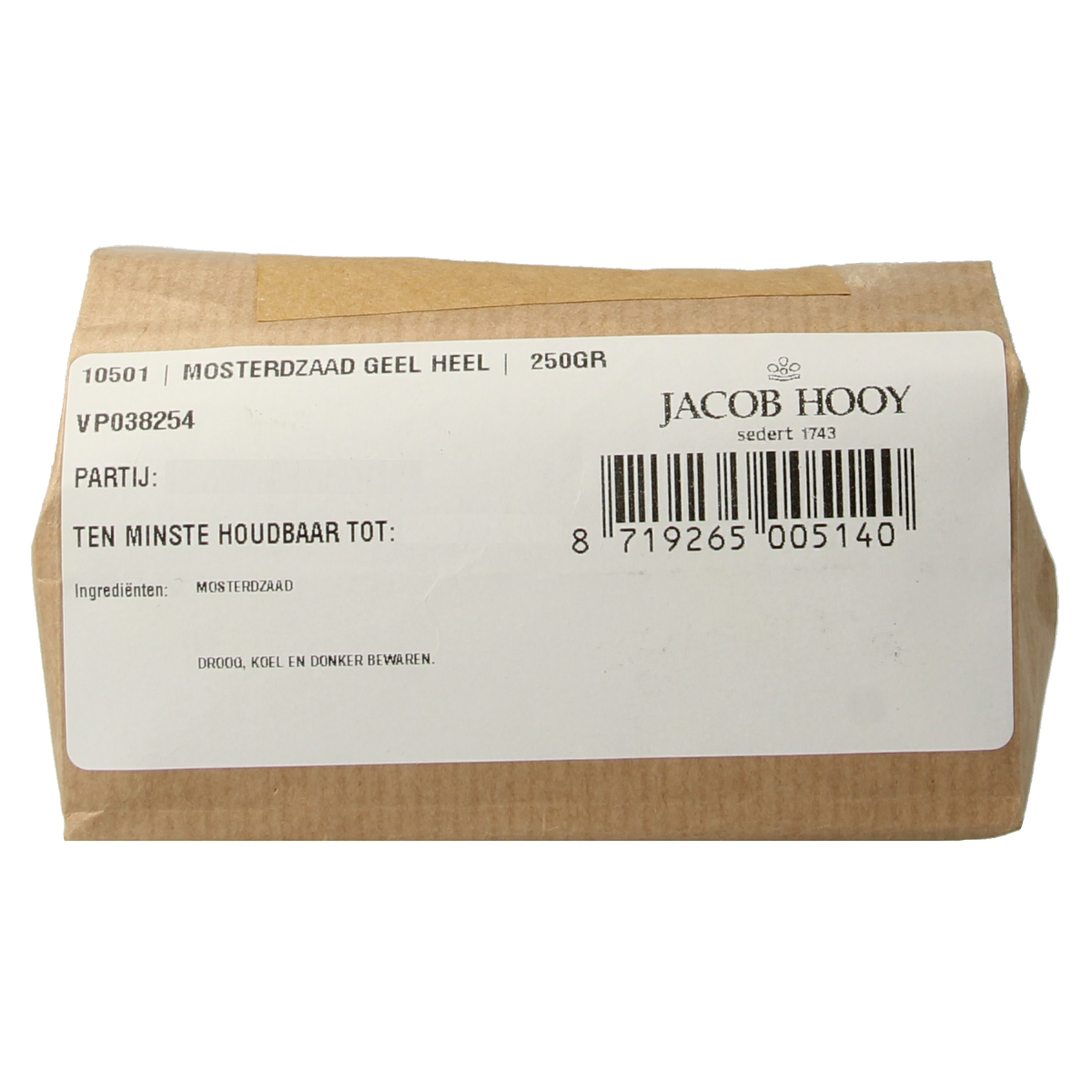 Yellow mustard seeds in a jar from Jacob Hooy, 250 grams, used for cooking and seasoning in herbal and spice blends.